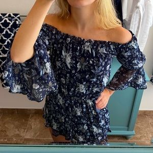 American Eagle Floral Off The Shoulder Navy Blue Romper